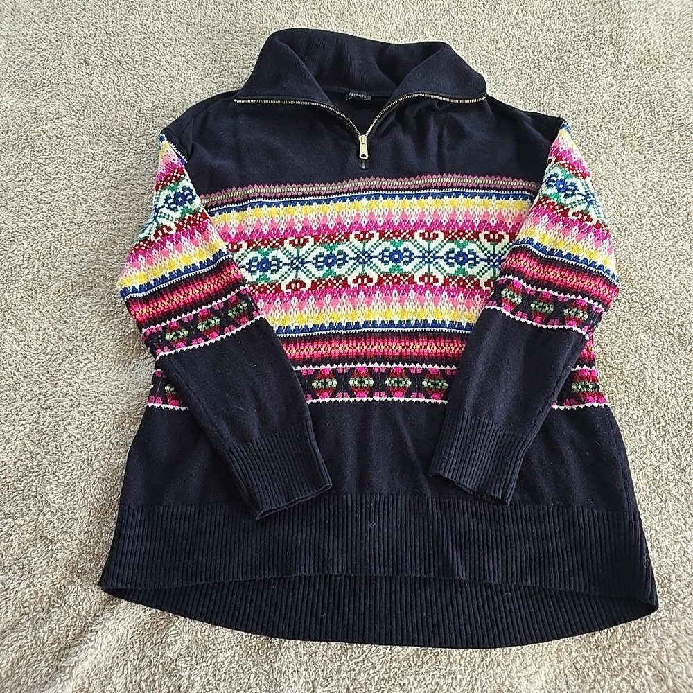 Talbots Fair Isle Long Sleeve 1/4 Zip Colorful Sweater Women's Sz L Cottagecore